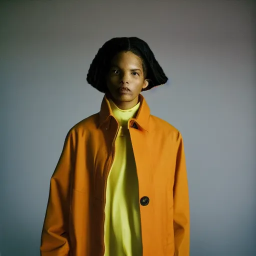Image similar to realistic photoshooting for a new balenciaga lookbook, color film photography, portrait of a beautiful woman, set design by wes anderson, in style of Tyler Mitchell, 35mm,