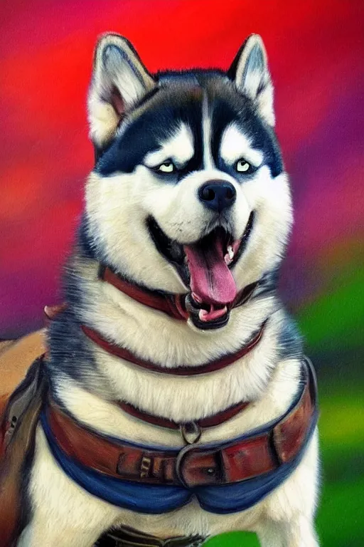 Image similar to a portrait painting of a husky in cowboy costume in the style of anime, character design, a fistful of dollars, per un pugno di dollari