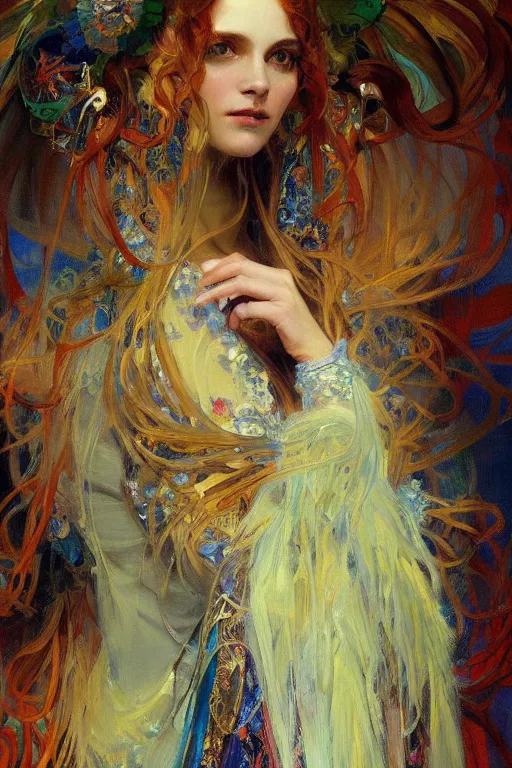 Prompt: a beautifull intricate painting of a woman wearing a feathered cloak surrounded by tendrils, vivid colors, artstation, by jeremy mann, by alphonse mucha,