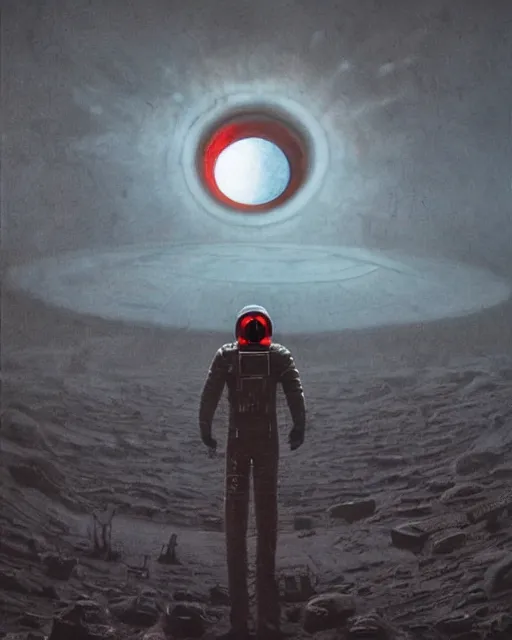 Image similar to ultra realistic, astronaut standing in front of an eerie hell cathedral on a destroyed planet in soace, there’s a large obsidian vortex in the sky in the art style of Zdzisław Beksiński, black and red background, occult, photo realistic, dark atmosphere, volumetric lighting