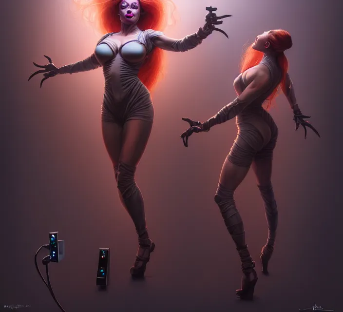 Prompt: Ladies, with detailed faces of Jinx from Arcane movie, dancing near electrical case display, total recall tech, , ultrarealistic, dramatic lighting, electrical details, high details, 4k, 8k, best, accurate, trending on artstation, artstation, photorealism, ultrarealistic, digital painting, style of Peter Mohrbacher, Caravaggio, Boris Vallejo