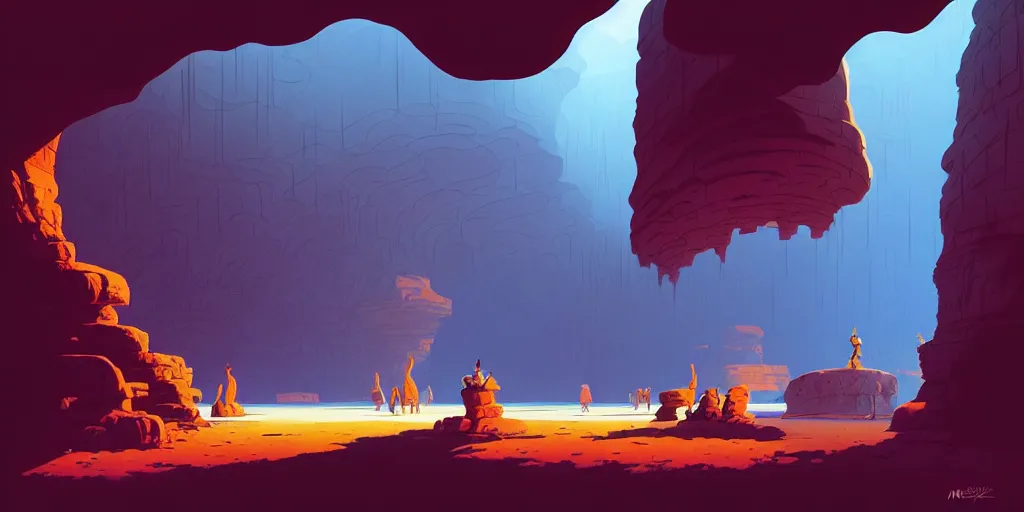 Image similar to deep natural cave wall, low ceiling, dynamic light, illustration by moebius, rhads, syd mead, dan mumford, clean thick line, comics style