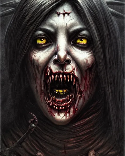 Prompt: pharah from overwatch, monster, zombie, character portrait, portrait, close up, concept art, intricate details, highly detailed, horror poster, horror, vintage horror art, realistic, terrifying, in the style of michael whelan, beksinski, and gustave dore