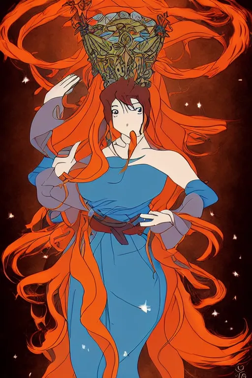 Image similar to beautiful goddess of fire stands in her power, in the style of studio ghibli