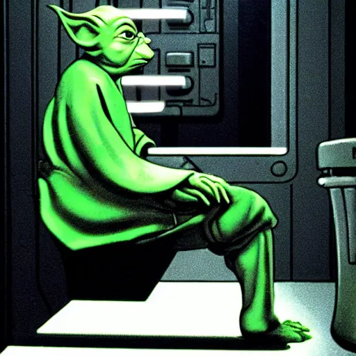 Prompt: master yoda too short to use the urinal in the bathroom of the death star, movie scene from a star wars movie 1 9 9 9
