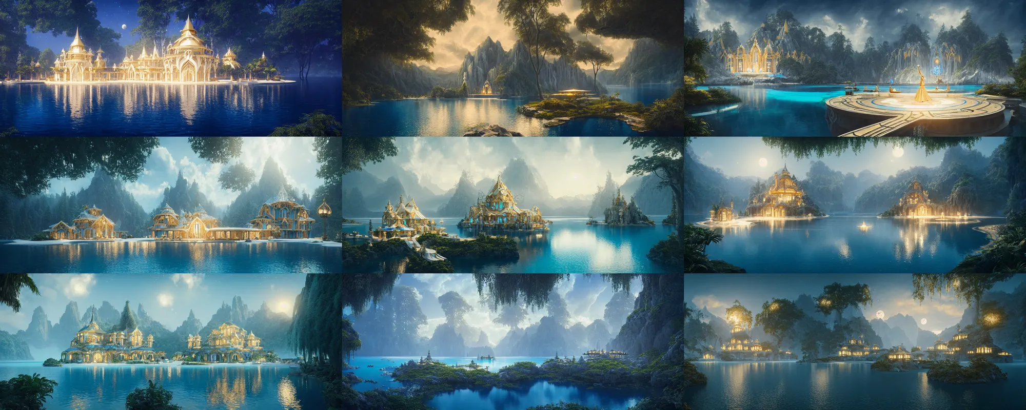 Image similar to a gorgeous symmetrical paradise palace, starlit, lakes, fantasy, fairy tale, artstation, matte painting, artstation, octane render, caleb worcester, samuel beal. ultra clear detailed. white, deep blue and light gold color scheme.