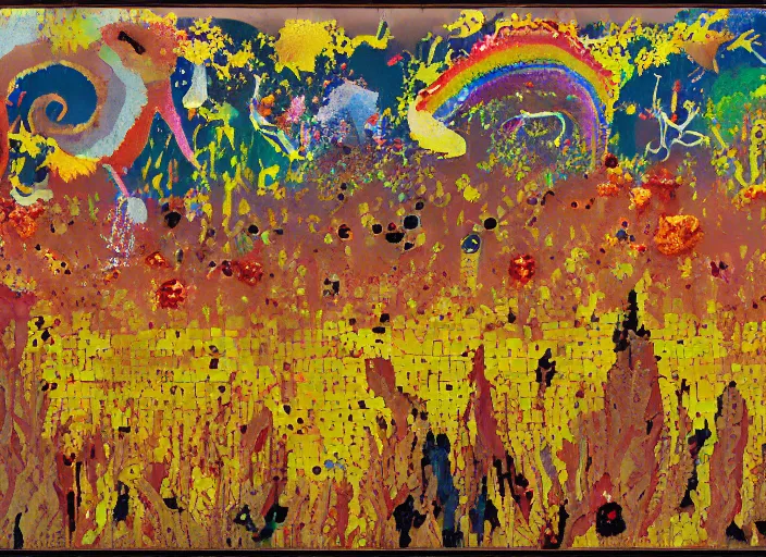 Prompt: expressionistic pixelated decollage painting golden armor alien zombie horseman riding on a crystal bone dragon broken rainbow diamond maggot horse in a blossoming meadow full of colorful mushrooms and golden foil toad blobs in a golden sunset, distant forest horizon, painted by Mark Rothko, Helen Frankenthaler, Danny Fox and Hilma af Klint, graffiti buff, pixel mosaic, semiabstract, color field painting, byzantine art, pop art look, naive, outsider art, very coherent symmetrical artwork. Beksinski painting, part by Philip Guston and Adrian Ghenie, art by George Condo, 8k, extreme detail, intricate detail, masterpiece