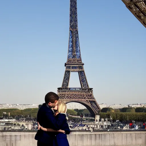 Image similar to marine le pen and Emmanuel macron kissing under the eiffel tower