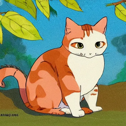 Prompt: illustrated chonky calico calico-cat!!!!!! In the style of Studio Ghibli!!! Calico, Colorful