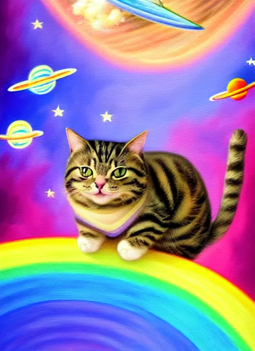 Image similar to a cute chubby tabby cat surfing on a rainbow in outer space, diffuse lighting, detailed face, fantasy, intricate, surrealism!!!!, highly detailed, lifelike, photorealistic, digital painting, artstation, illustration, concept art, smooth, sharp focus,