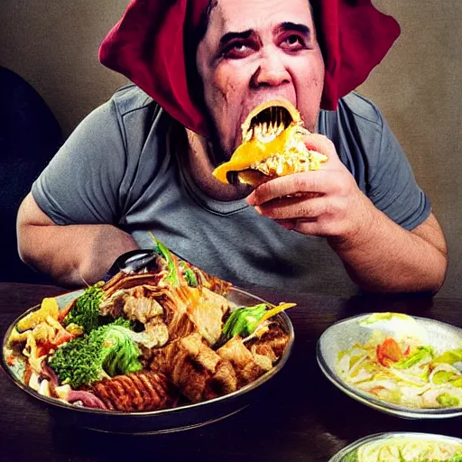 Image similar to big sir monster eating food, photograph