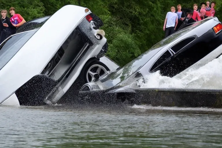 Image similar to Group of teenagers push Rolls-Royce into lake from small slide