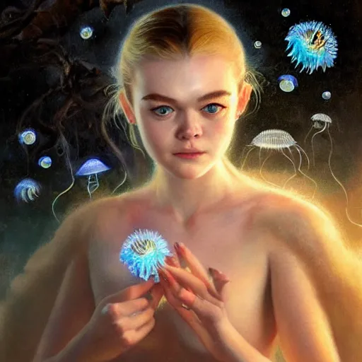 Image similar to ultra realistic portrait painting of elle fanning in prey surrounded by bioluminescent jellyfish, art by frank frazetta, 4 k, ultra realistic, highly detailed, epic lighting