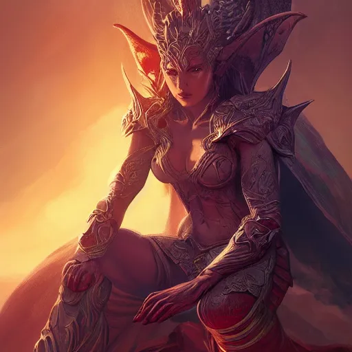 Prompt: A stunning comic book style portrait painting of a dragon goddess sitting on her throne, in the style of WLOP, 8k masterpiece, cinematic lighting, dynamic lighting, pristine and clean design, high fantasy, CGSociety, insanely detailed, atmospheric, matte painting,