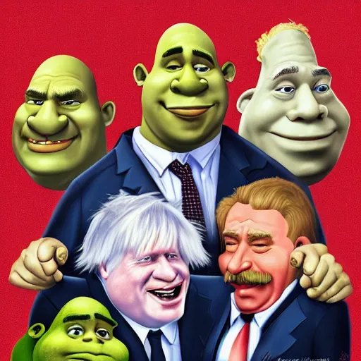 Image similar to boris johnson, stalin, shrek, joe baiden running in a spot. detailed high quality caricature