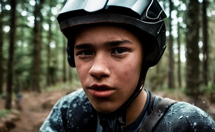 Prompt: cinestill 5 0 d candid photographic portrait by steven spielberg of a mixed teen wearing rugged black mesh techwear on a dirtbike through a dark forest, extreme closeup, modern cyberpunk moody emotional cinematic, snow storm, 8 k, hd, high resolution, 3 5 mm, f / 3 2, ultra realistic faces, ex machina