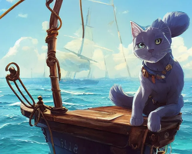 Prompt: a Russian Blue cat pirate on her boat, sitting down, captain hat, proud, cat pirate crew, ocean. By Makoto Shinkai, Stanley Artgerm Lau, WLOP, Rossdraws, James Jean, Andrei Riabovitchev, Marc Simonetti, krenz cushart, Sakimichan, trending on ArtStation, digital art.