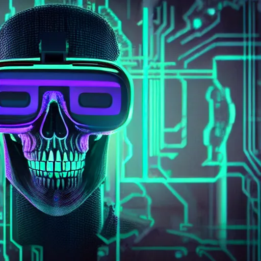Prompt: a skull with a vr headset in a cyberpunk aesthetic, 4 k, with the exact word pixel written on the headset