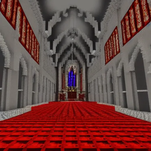 Image similar to inside a large church cathedral for a blood god built in minecraft, ornate, fancy, gloomy