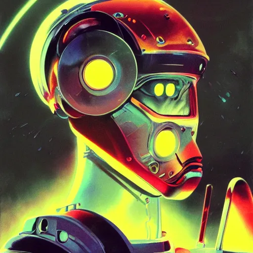 Image similar to a dark and colorful close - up side profile portrait of a sci - fi mecha robot with led lights glowing fog in the background. highly detailed science fiction painting by norman rockwell, frank frazetta, and syd mead. rich colors, high contrast, gloomy atmosphere, dark background. trending on artstation