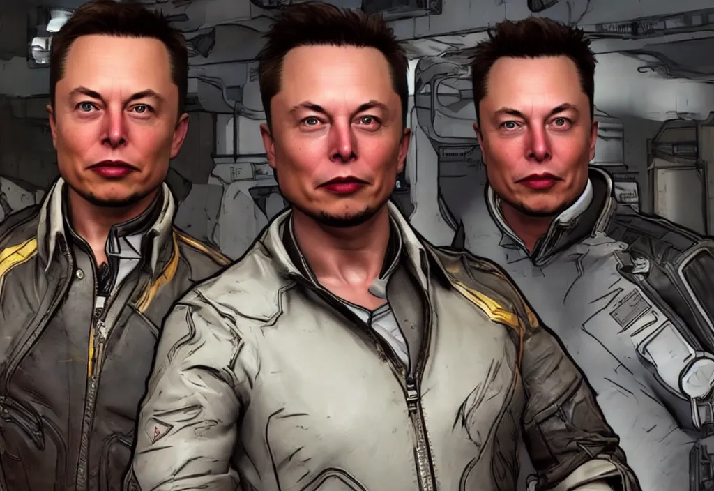 Image similar to elon musk in borderlands elon musk in the video game borderlands, gameplay screenshot, close up, 3 d rendering. unreal engine. amazing likeness. very detailed.