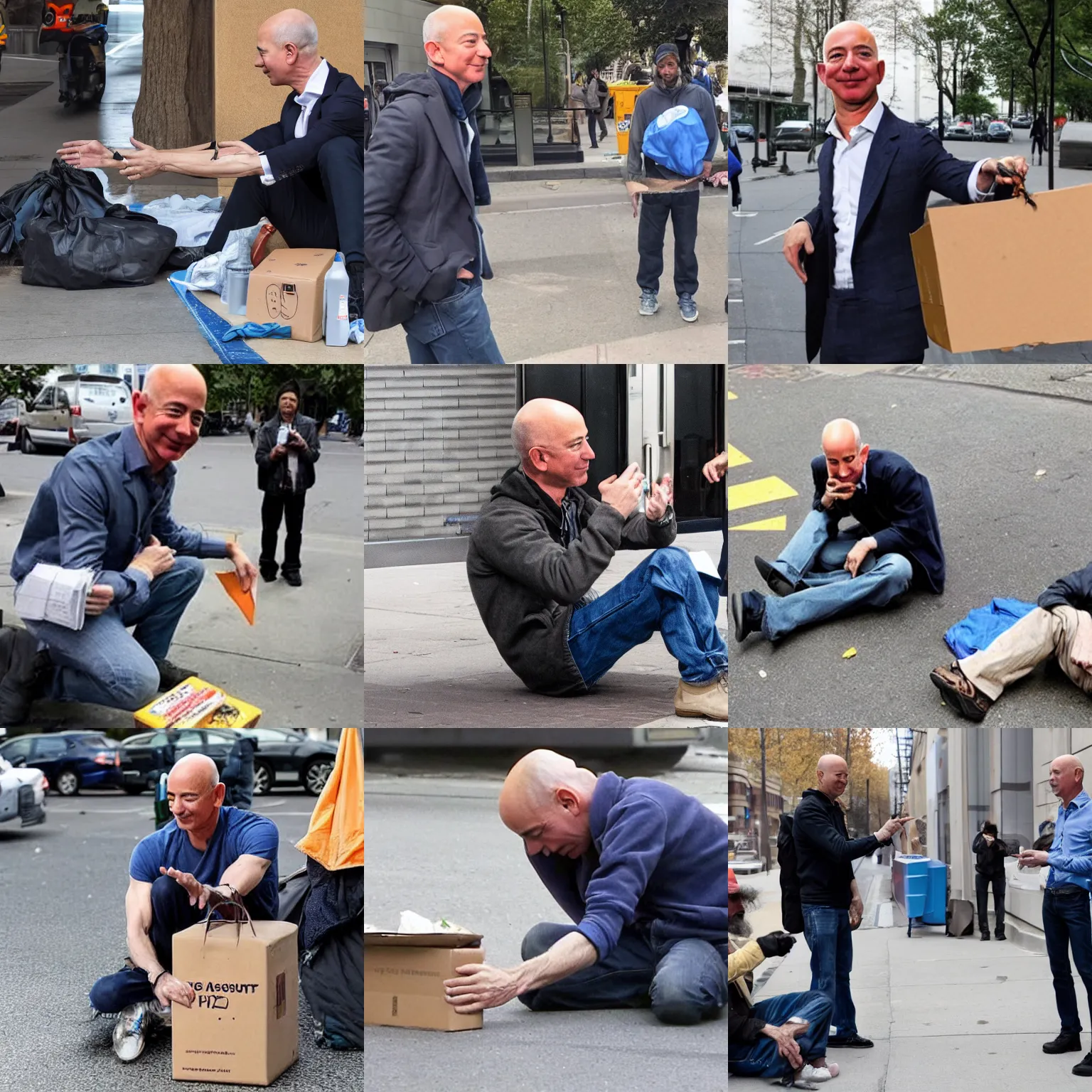 Prompt: jeff bezos as a homeless person, begging for some cash from the passers - by
