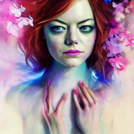 Prompt: emma stone, portrait by ruan jia and miho hirano, colorful, vibrant, majestic, royal open wide eyes, flowers on hair, glowing light orbs, intricate concept art, elegant, digital painting, smooth, sharp focus, ethereal opalescent mist, outrun, vaporware, cyberpunk darksynth, ethereal, ominous, misty, 8 k, rendered in octane
