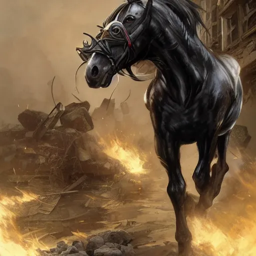 Image similar to splash art of a muscular black - coated anthropomorphic horse character wearing tactical kevlar fabric standing in rubble, long white mane visible, exaggerated muscles, highly detailed, furry, furaffinity, digital painting, artstation, sharp focus, illustration, art by artgerm, greg rutkowski, alphonse mucha