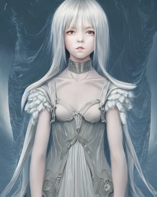 Image similar to an infinitely detailed portrait of a frail and pale female peace angel fully clothed. elegant clothes full - body, beautiful! scenery art!! coherent! by wlop & murata range, by ilya kuvshinov. victorian armor. artstation!! / pixiv!! elegantly armored angel portrait full - body, dreamy art