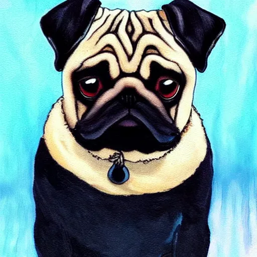 Image similar to a pug with black emo anime hair, intricate, masterpiece, stunning, oil painting