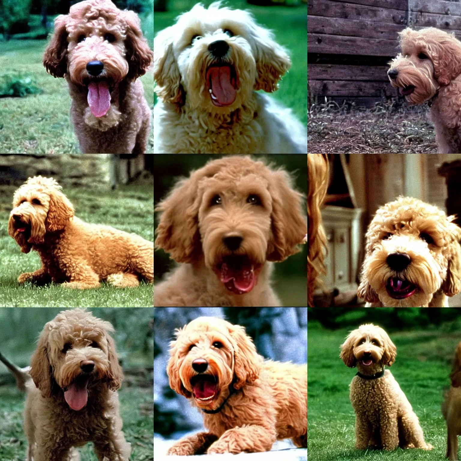 Prompt: a vicious snarling goldendoodle, Still from Pet Sematary (1983)
