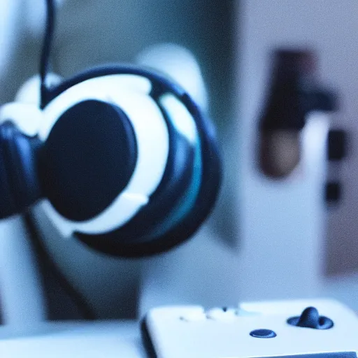 Image similar to tiny mouse wearing headphones, holding controller, gaming