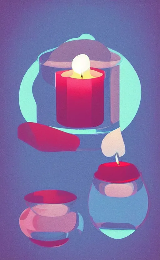 Prompt: illustration with a set of beautiful scented candles, close - up photo in cozy interior, candle lighting, shadow play, light refraction, mirror, glowing, pinterest, an art deco painting by tom whalen, trending on behance, art deco, digital illustration, storybook illustration, grainy texture, flat shading, vector art, airbrush, pastel, watercolor, poster