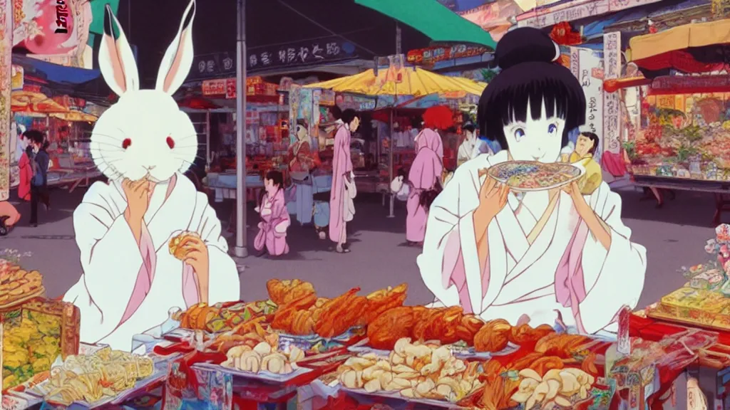 Image similar to a huge white rabbit wearing a geisha robe eating at the street market, anime film still from the an anime directed by Katsuhiro Otomo with art direction by Salvador Dalí, wide lens