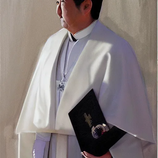 Prompt: portrait of shinzo abe is the new pope, artwork by craig mullins