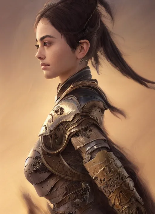 Prompt: a professional portrait of a beautiful young female, clothed in ethereal battle armor, olive skin, long dark hair, beautiful bone structure, symmetrical facial features, intricate, elegant, digital painting, concept art, smooth, sharp focus, finely detailed, illustration, from Valerian and the City of a Thousand Planets, in the style of Ruan Jia and Mandy Jurgens and Artgerm and Greg Rutkowski and William-Adolphe Bouguerea