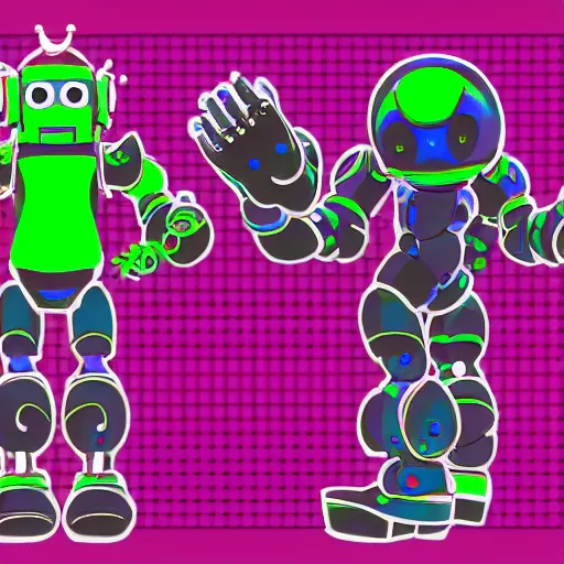 Image similar to official character sheets for a new robot jester biomech suit, digital screen robot face, wearing an oversized sweater, covered in coral, art by tim schafer black velvetopia art for psychonauts from double fine studios, art by splatoon from nintendo, black light rave, bright neon colors, apocalypse