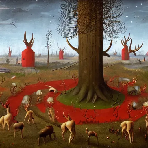 Image similar to the glory of the red antlers, by simon stalenhag in the style of hieronymus bosch