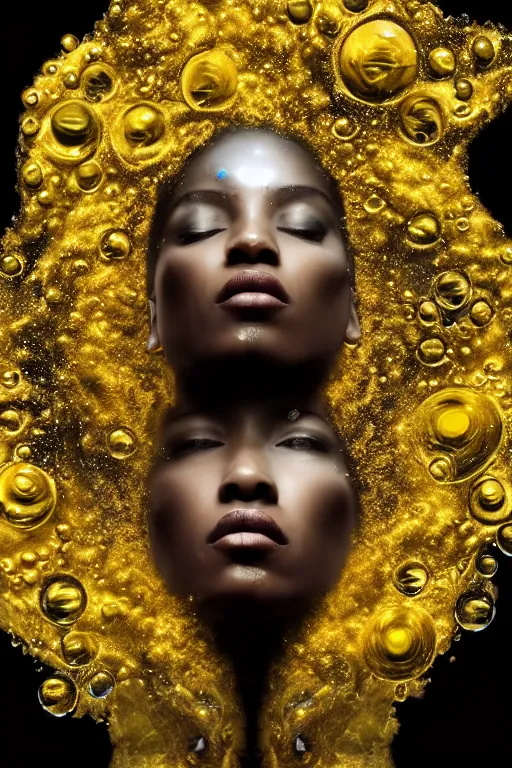 Image similar to hyperrealistic post - futurist cinematic very expressive! profile black oshun goddess, in water!! up to shoulders, mirror dripping droplet!, gold flowers, highly detailed face, digital art masterpiece, smooth eric zener cam de leon, dynamic pearlescent turquoise light, low angle uhd 8 k, sharp focus