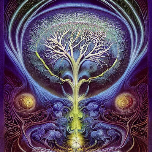 Image similar to sacred mulberry tree by roger dean and andrew ferez, art forms of nature by ernst haeckel, divine chaos engine, tree of life, symbolist, visionary, art nouveau, botanical fractal structures, lightning, surreality, lichtenberg figure