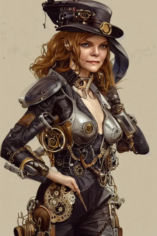 Image similar to young michelle pfeiffer as a steampunk cyborg, portrait, western, steampunk, duster, fantasy, intricate, elegant, highly detailed, digital painting, artstation, concept art, sharp focus, illustration, art by artgerm and greg rutkowski and alphonse mucha