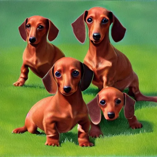 Image similar to color painting of many dachshund puppies nursing,