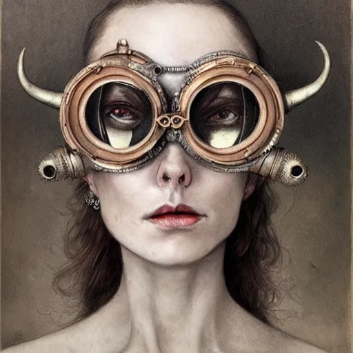 Image similar to a hyperrealistic portrait painting of a beautiful woman with demon horns wearing steampunk goggles, by santiago caruso, highly detailed,