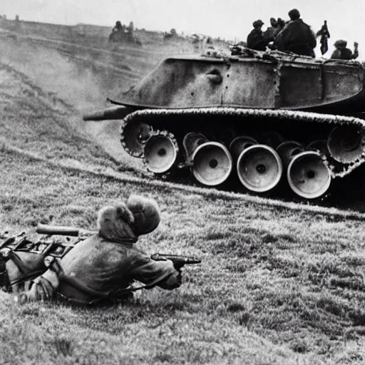 Image similar to a picture of a enormous bear pulling a towed 7 6, 2 mm anti tank gun behind his back like a chariot, eastern front, historical picture