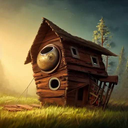 Prompt: a running wood and metal house with two legs and one big eye, rust, hyperrealistic, highly detailed, cinematic, single ray of sun, morning, pareidolia, gravity falls style, disney, beautiful, cgssociety, artstation, 8 k, oil painting, digital art