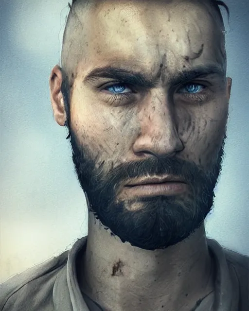 Image similar to portrait of muscular, tired and alcoholic 3 0 - year - old grieving man with short darkblonde hair, serious sad look in his eyes, looking down, dirty beard, blue eyes, crying tears, wearing dirty soldier uniform, on the desert, sad atmosphere, hyper realistic face, character art, art by artgerm, cryengine, trending on artstation, digital art