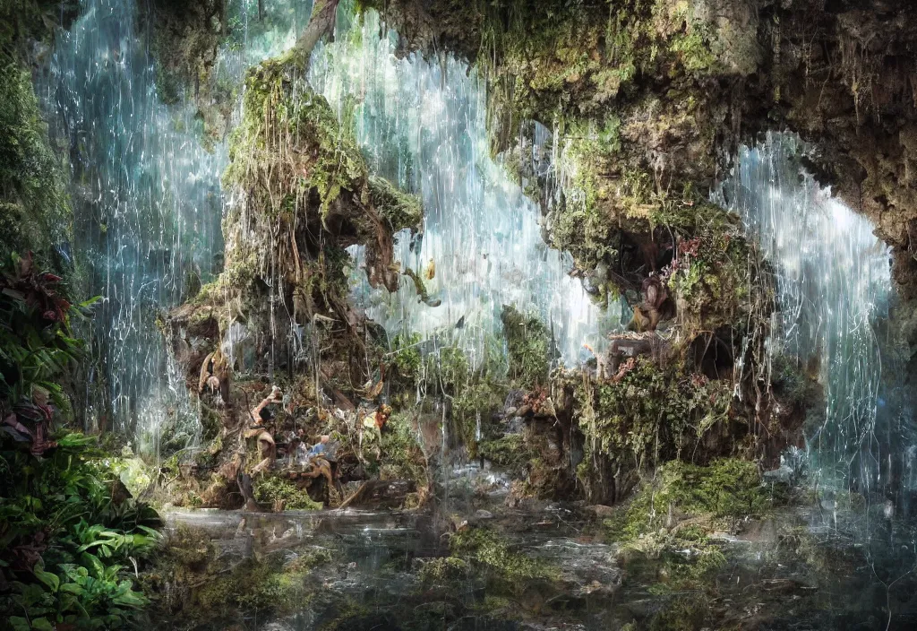 Image similar to Enchanted water Well, plants inside cave, with godray, vale encantado, cave photography lighting by ellen jewett, tomasz alen kopera and Justin Gerard, foam mist water,ruins, building blocks, , diamond texture, intricate mine, tiny sticks,tiny insects, water drops,sap,spider web, sap, nature adornements, nature colors, trending on artstation, volumetric lighting, micro details, ray tracing, 8k