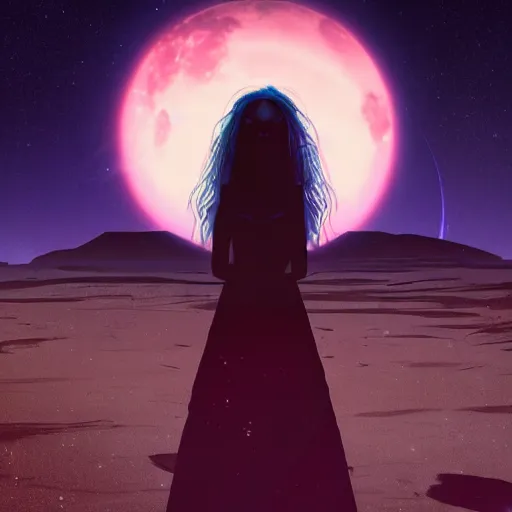 Prompt: A sad spiritual witch standing on a deserted planet looking at camera, distant background, red lighting, ominous, moonlight, bokeh, detailed face synthwave, psychedelic, glitch, acrylic, flooko, detailed,