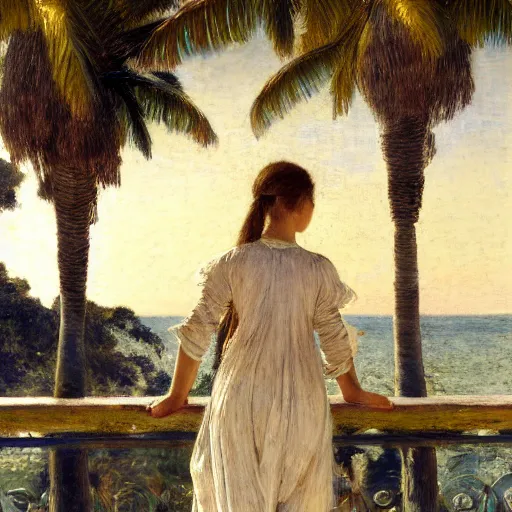 Image similar to a ultradetailed beautiful painting of a girl in the amazonas palace balustrade designed by jules bastien - lepage, hans belmer, frank weston and gustave baumann, beach, trending on artstation, mediterranean, palm trees, refracted color sparkles, sharp focus, soft light, 8 k 4 k