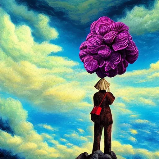 Image similar to giant flower head, frontal, woman standing on mountain, surreal photography, stormy sky, colorful clouds, impressionist painting, digital painting, artstation, rob gonsalves